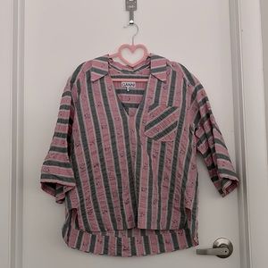 Ganni Oversized Cotton Seersucker Top, Pink/Grey, XXS/XS